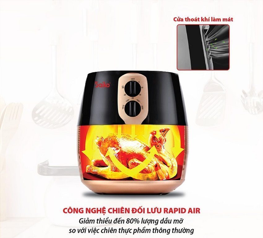 noi-chien-khong-dau-saiko-fry-5000t-1-2 Công nghệ chiên của Khi sử dụng Nồi chiên không dầu Saiko FRY-5000T để chiên rán thực phẩm người dùng có thể giảm đến 80% lượng dầu mỡ so với kiểu chiên thông thường vì nồi áp dụng công nghệ chiên đối lưu Rapid Air không những không cần sử dụng dầu ỡ trong khi chiên rán mà còn giúp món ăn được giòn ngon hơn so với kiểu chiên truyền thống. Đặc biệt, khi sử dụng nồi chiên này người dùng cũng không lo sợ nóng bỏng do dầu mỡ văng bắn, không lo vệ sinh bếp sau mỗi lần chiên và sản phẩm khi chiên nướng còn không sản sinh khói mùi nên rất sạch sẽ và an toàn cho người dùng.